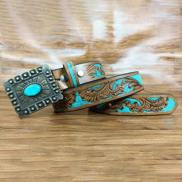 Turquoise Tooled Leather Western Belt: Floral Scrollwork, Antique Brass Buckle - Picture 3 of 12